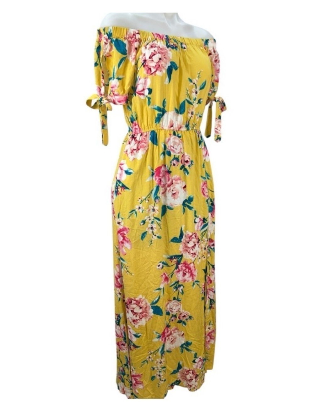Band of Gypsies Yellow Floral Off-Shoulder Maxi Dress with Pink Blooms